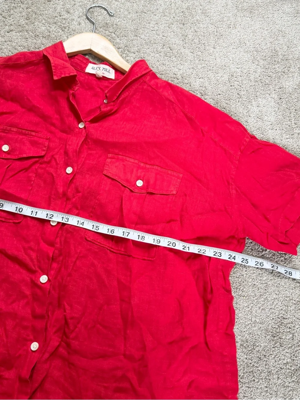 Alex Mill Women’s Wash & Go 100% Linen Utility Shirt Shortsleeve in Red XL